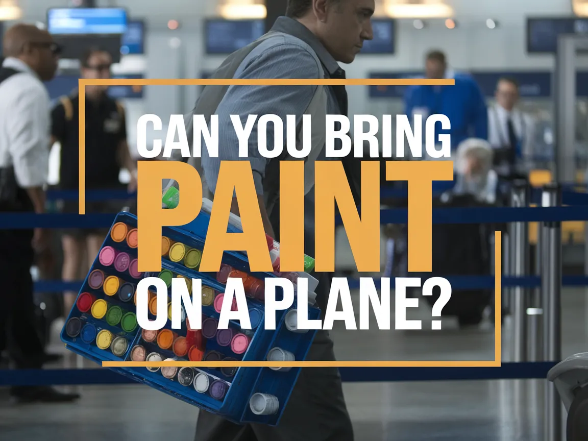 Person carrying a box of paint in an airport, discussing whether you can bring paint on a plane.