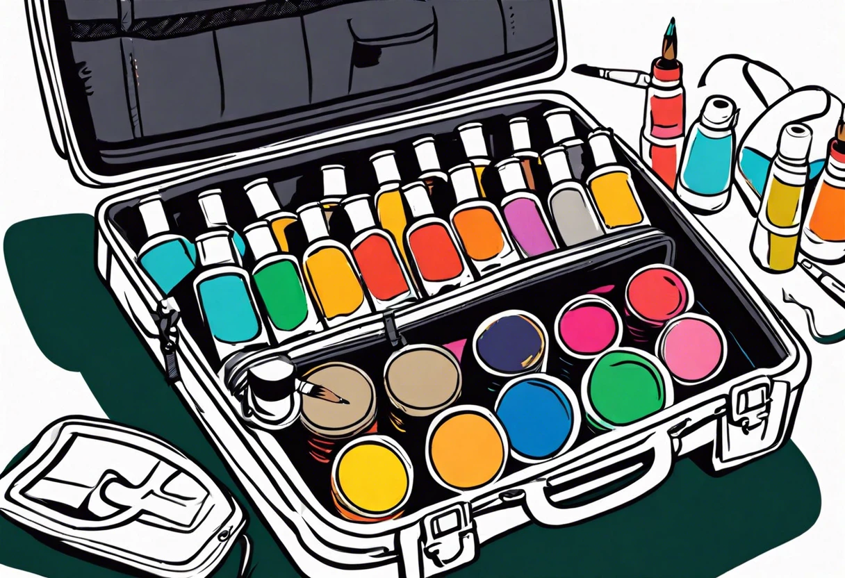 A collection of various paint containers and materials in a travel case, relevant to bringing paint on a plane.