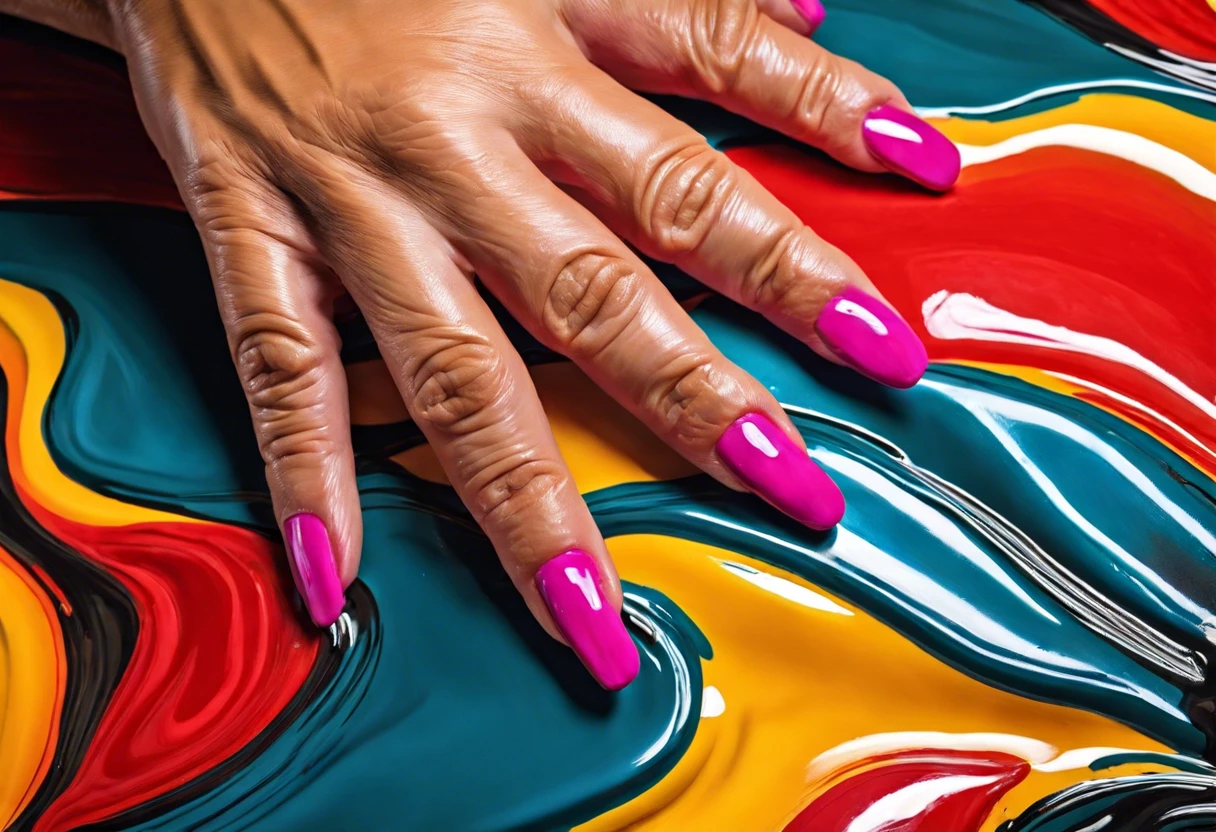 Close-up of a hand with pink nails touching a colorful surface, illustrating the concept of painting on Plasti Dip.