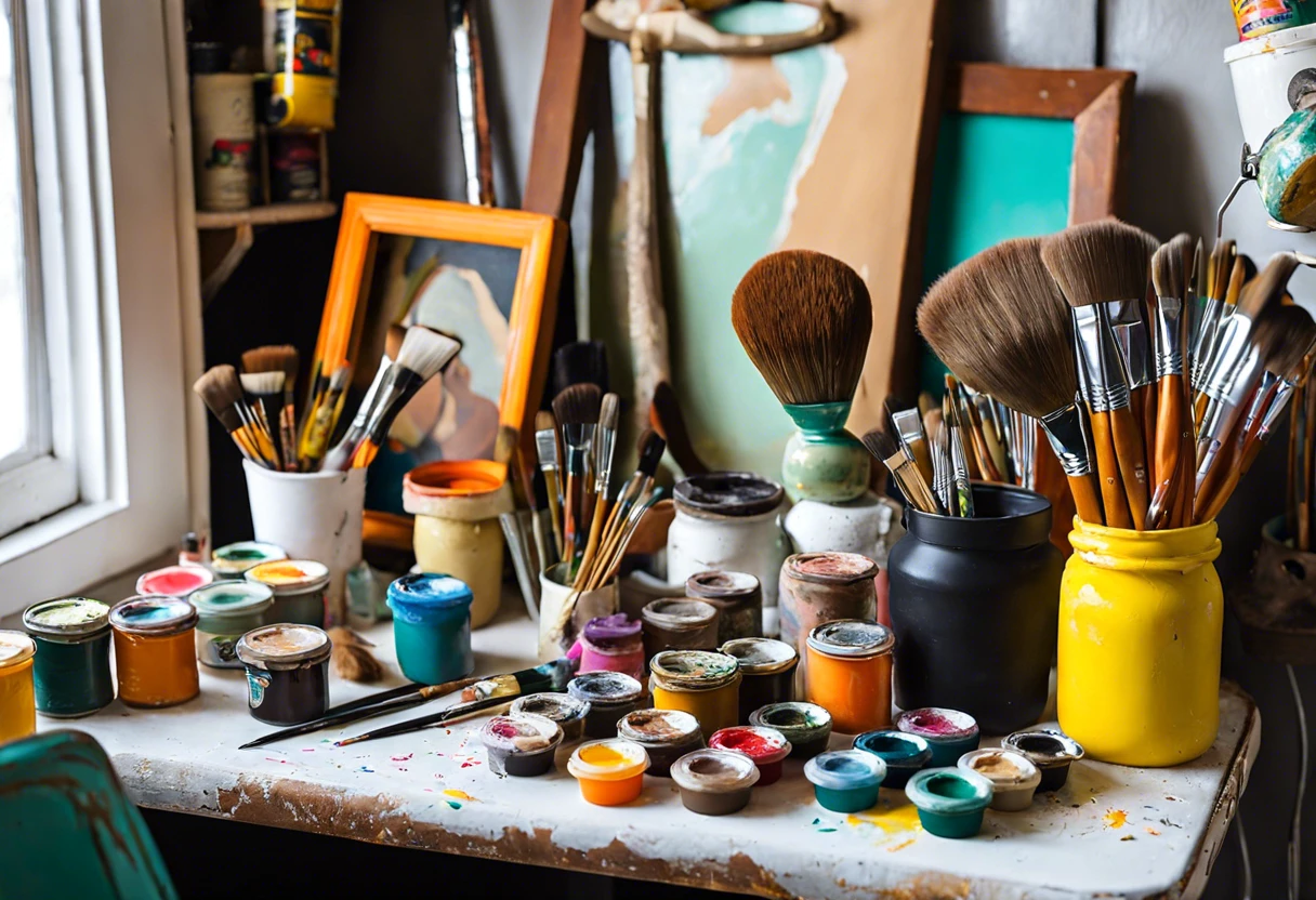 Art supplies and paintbrushes on a table, relevant to painting on Plastidip.