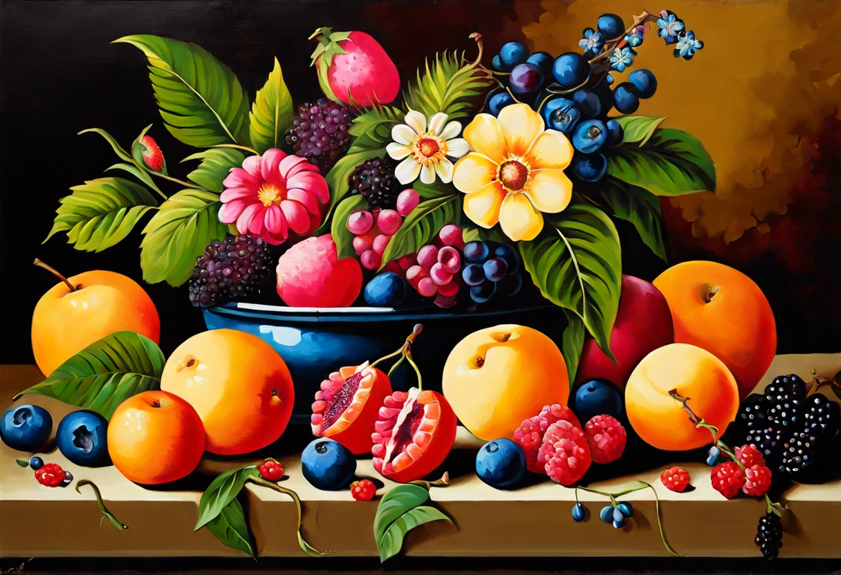 Vibrant still-life painting of fruits representing the creativity involved in painting over shellac.