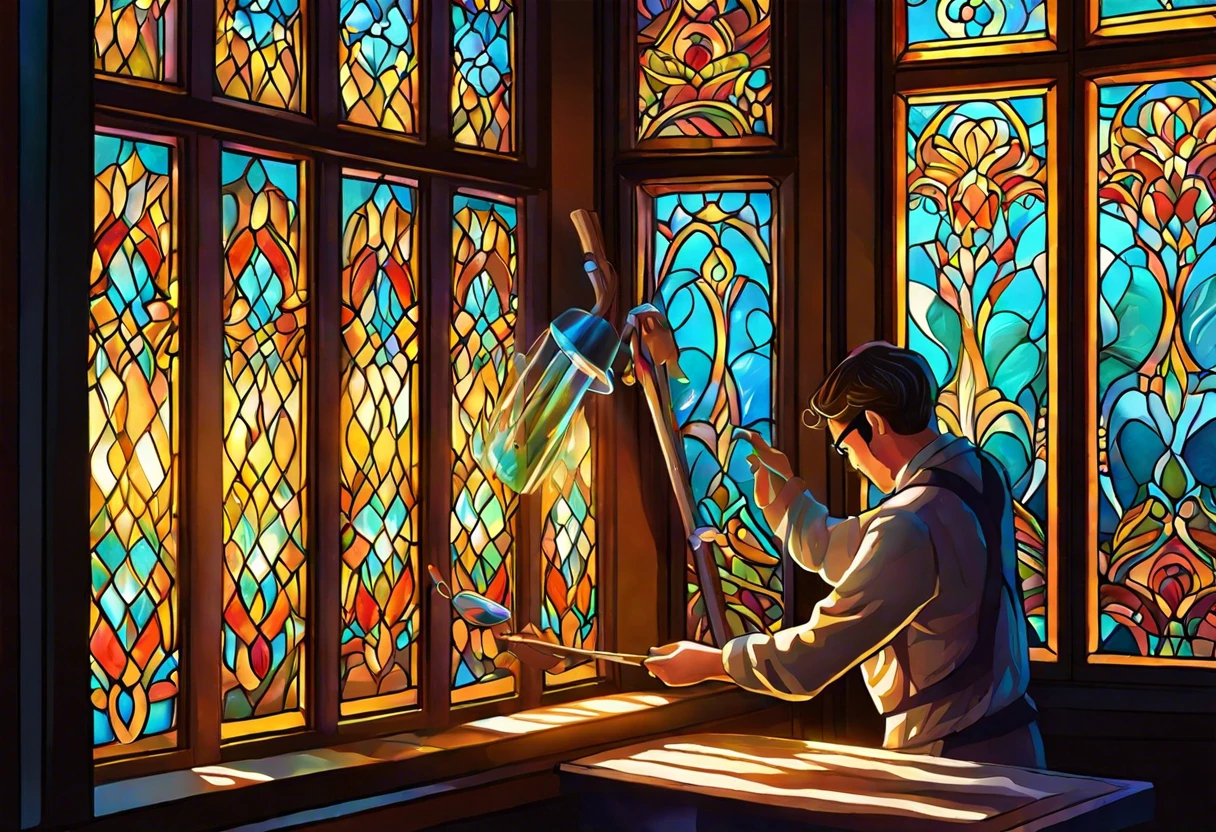 Person applying paint to a stained glass window, showcasing techniques for painting on glass.