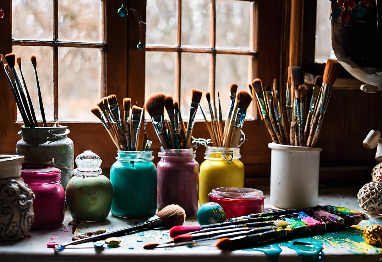 Table filled with paint supplies and brushes for making paint ornaments