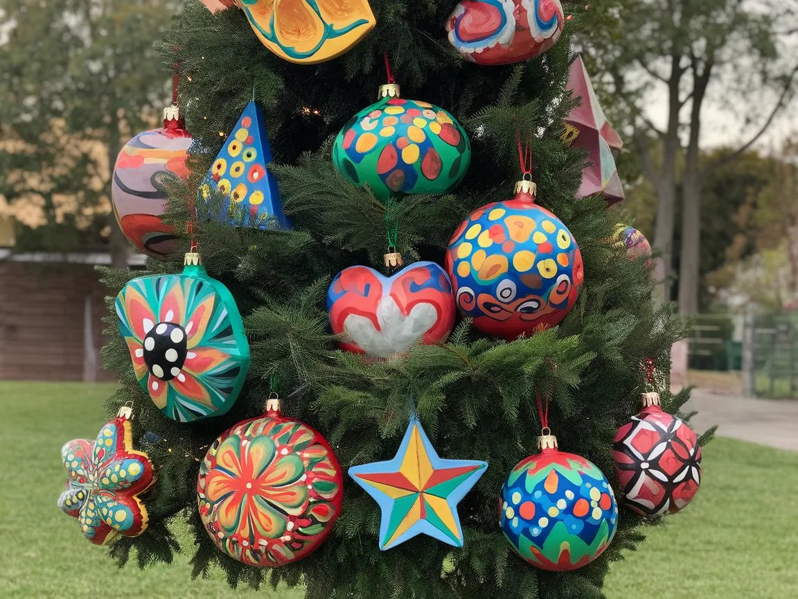 A beautiful display of colorful paint ornaments hanging on a Christmas tree, showcasing creative designs.