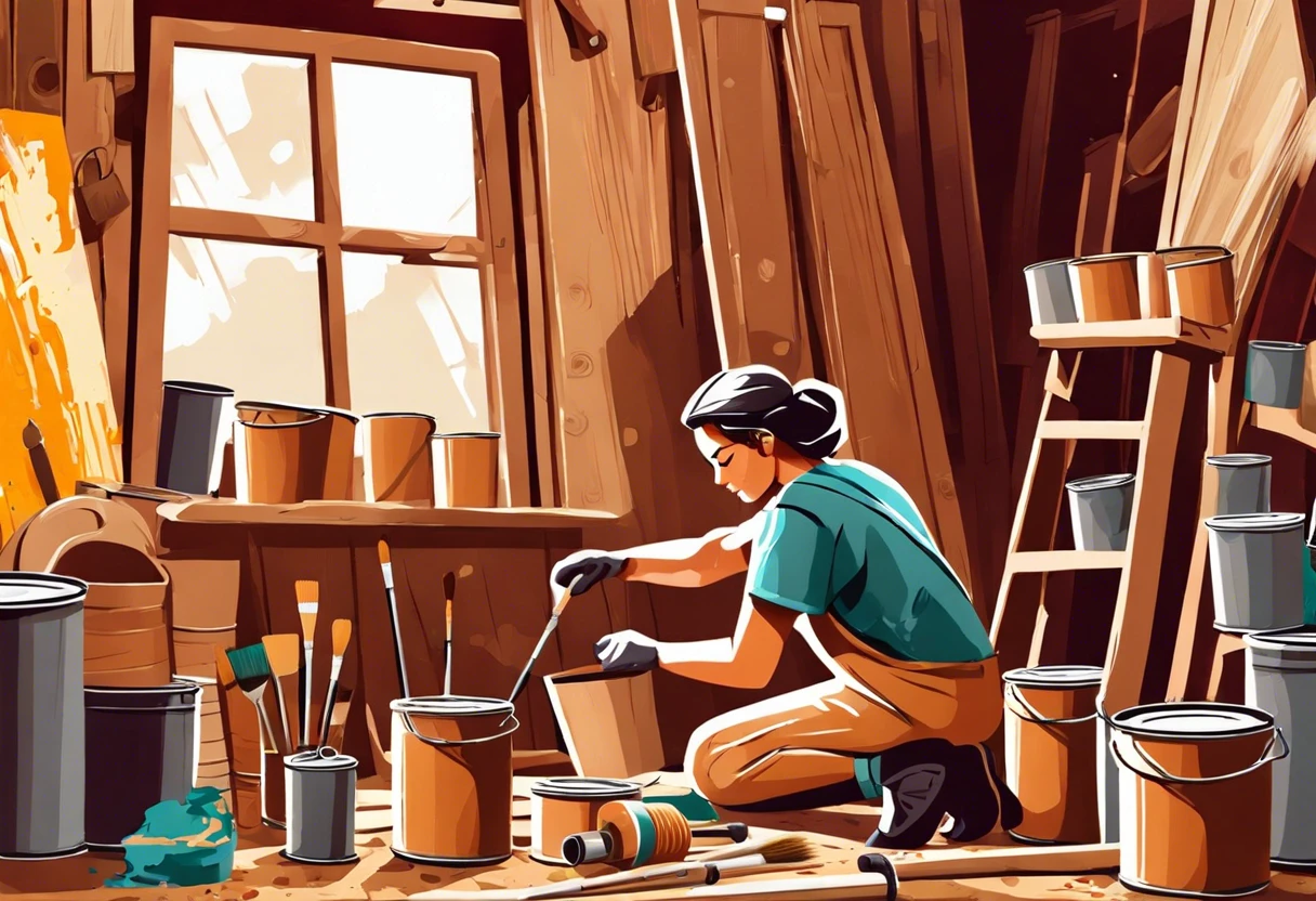 Person painting OSB boards in a workshop setting with various paint supplies.