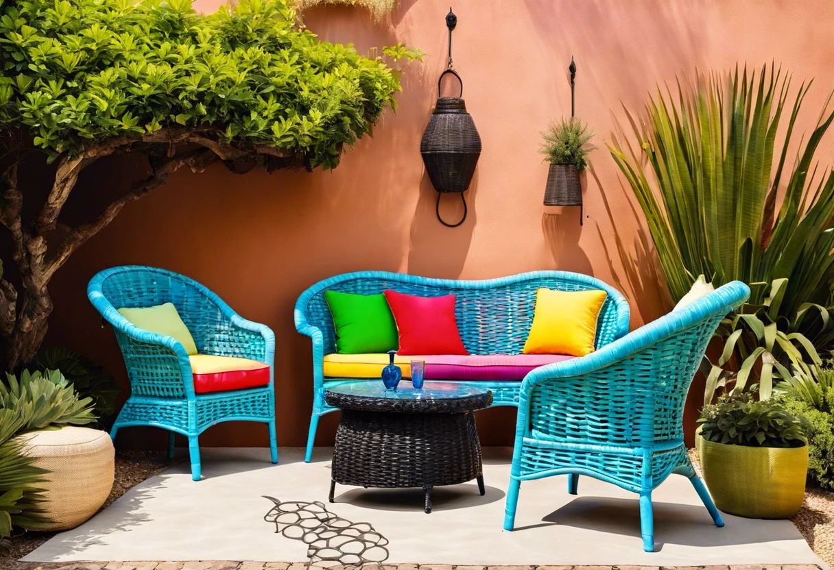 Brightly painted outdoor wicker furniture with colorful cushions in a garden setting
