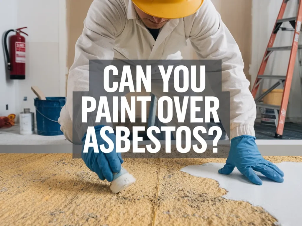 Person applying paint over asbestos surface wearing gloves and protective gear.