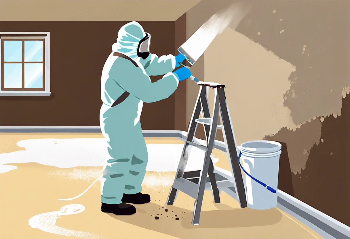 Person in protective gear painting over asbestos in a home interior.