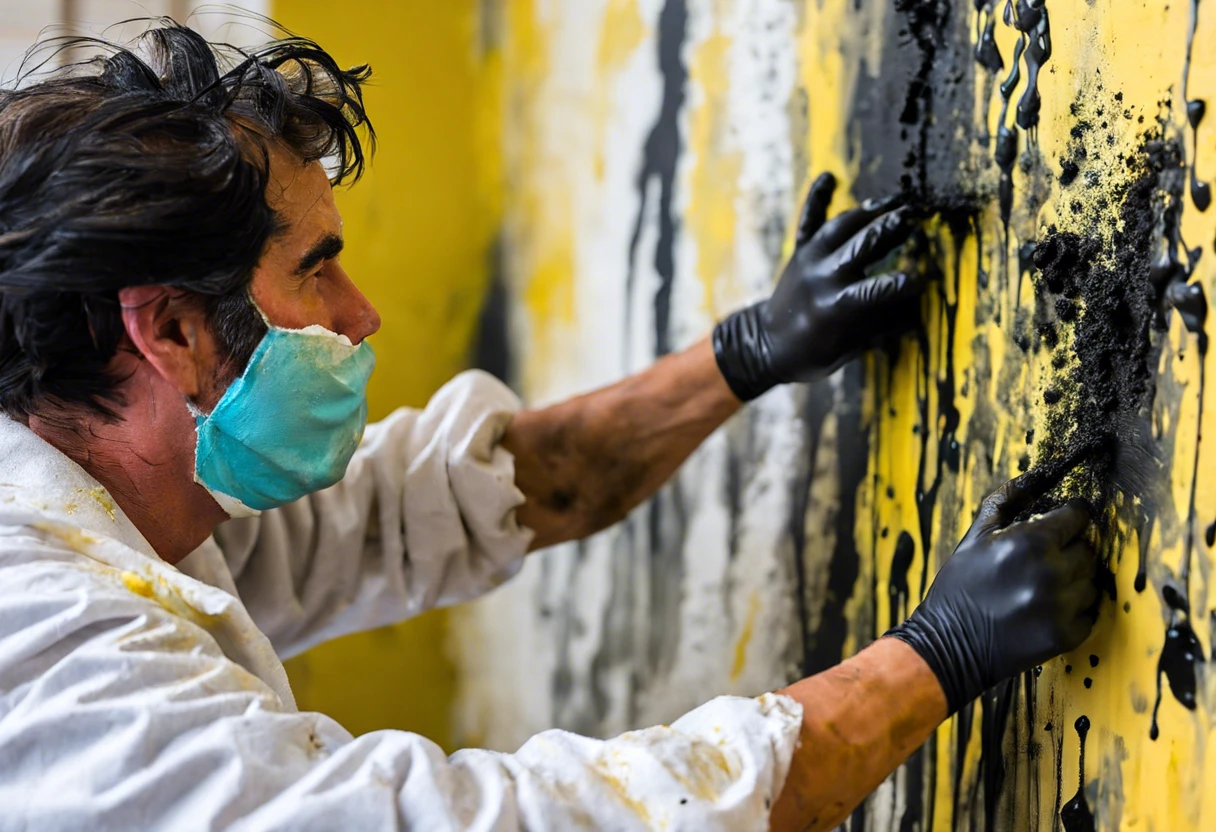 Worker applying paint over a wall with black mold, showing the complications of painting over mold.
