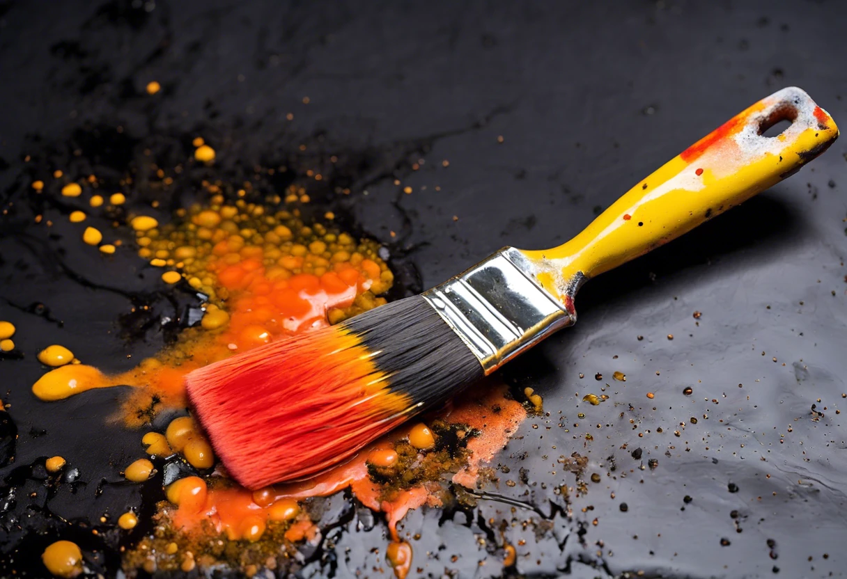 Paint brush with orange paint on a surface with black mold, showcasing the dilemma of painting over mold.