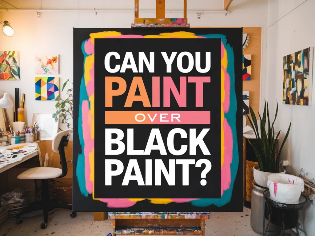 Colorful canvas with the question 'Can You Paint Over Black Paint?' showcasing painting techniques.
