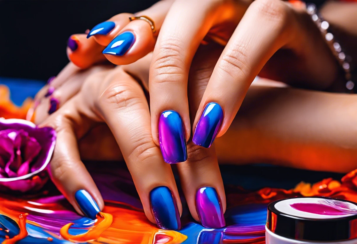 Colorful manicure with gradient gel nails, discussing whether regular polish can be applied over gel.