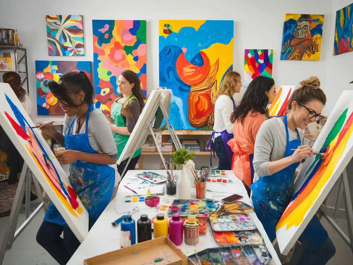 Participants enjoying group paint parties, creating vibrant artworks on canvases.