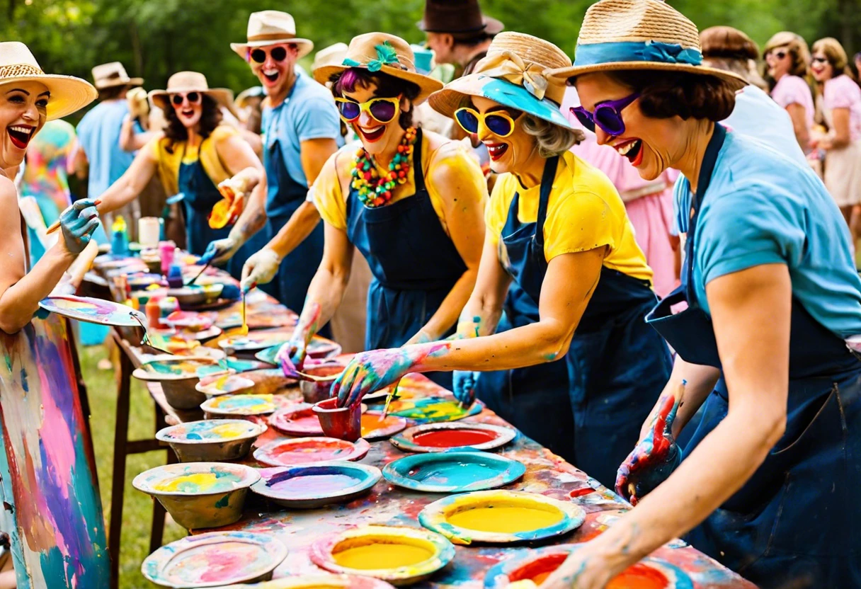 Participants at a paint party laughing and creating colorful art.