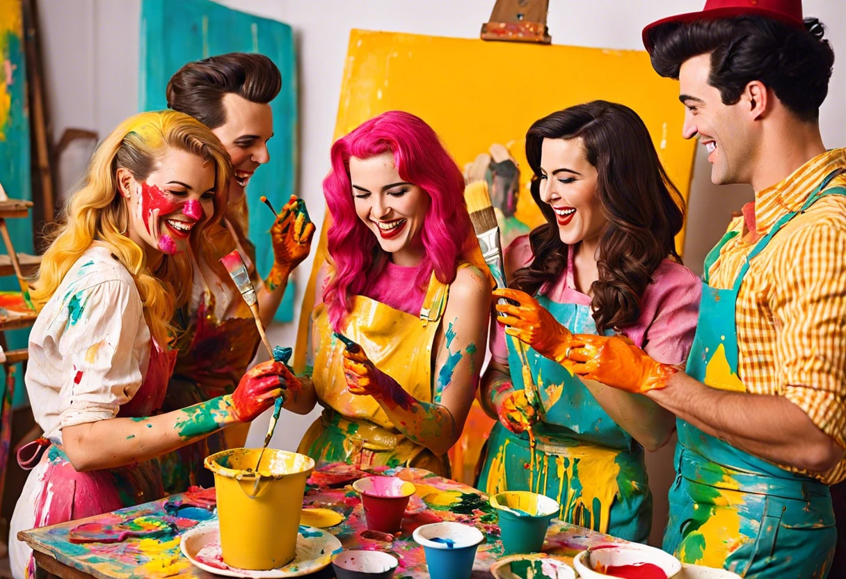 Group of friends enjoying a colorful paint party with vibrant colors and artistic expression.