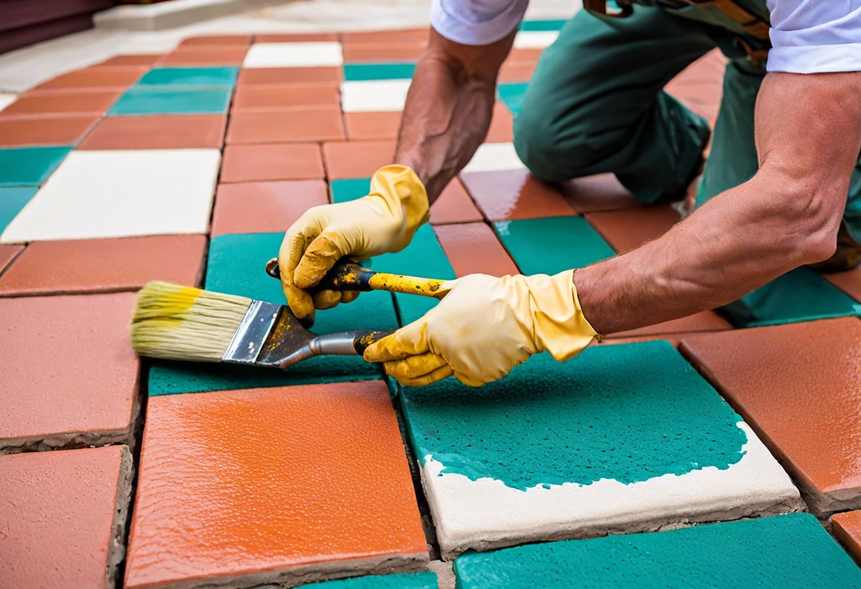 Person painting patio pavers with vibrant colors