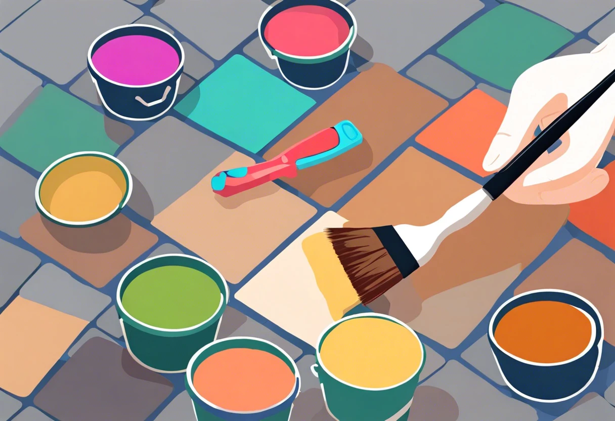 A DIY scene showing a hand painting pavers with colorful paint options.