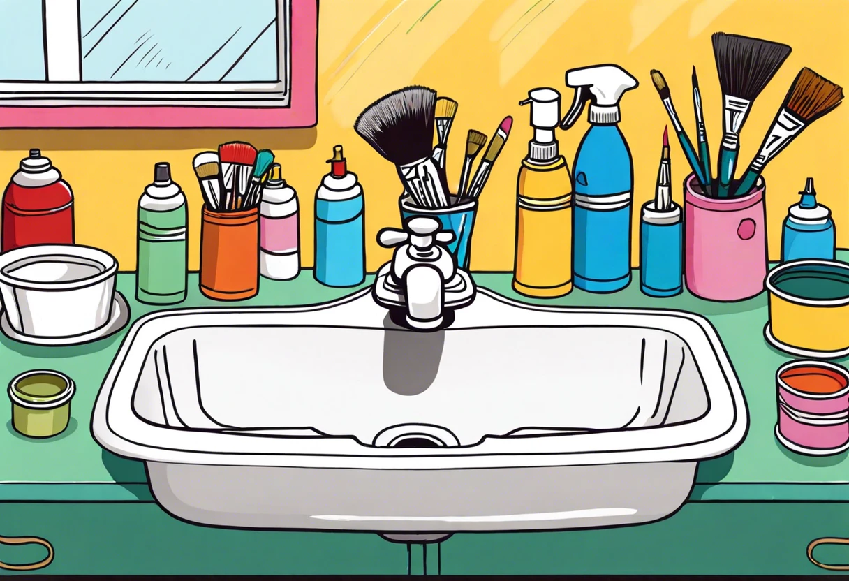 A collection of painting supplies and a porcelain sink illustrating the process of painting a porcelain sink.