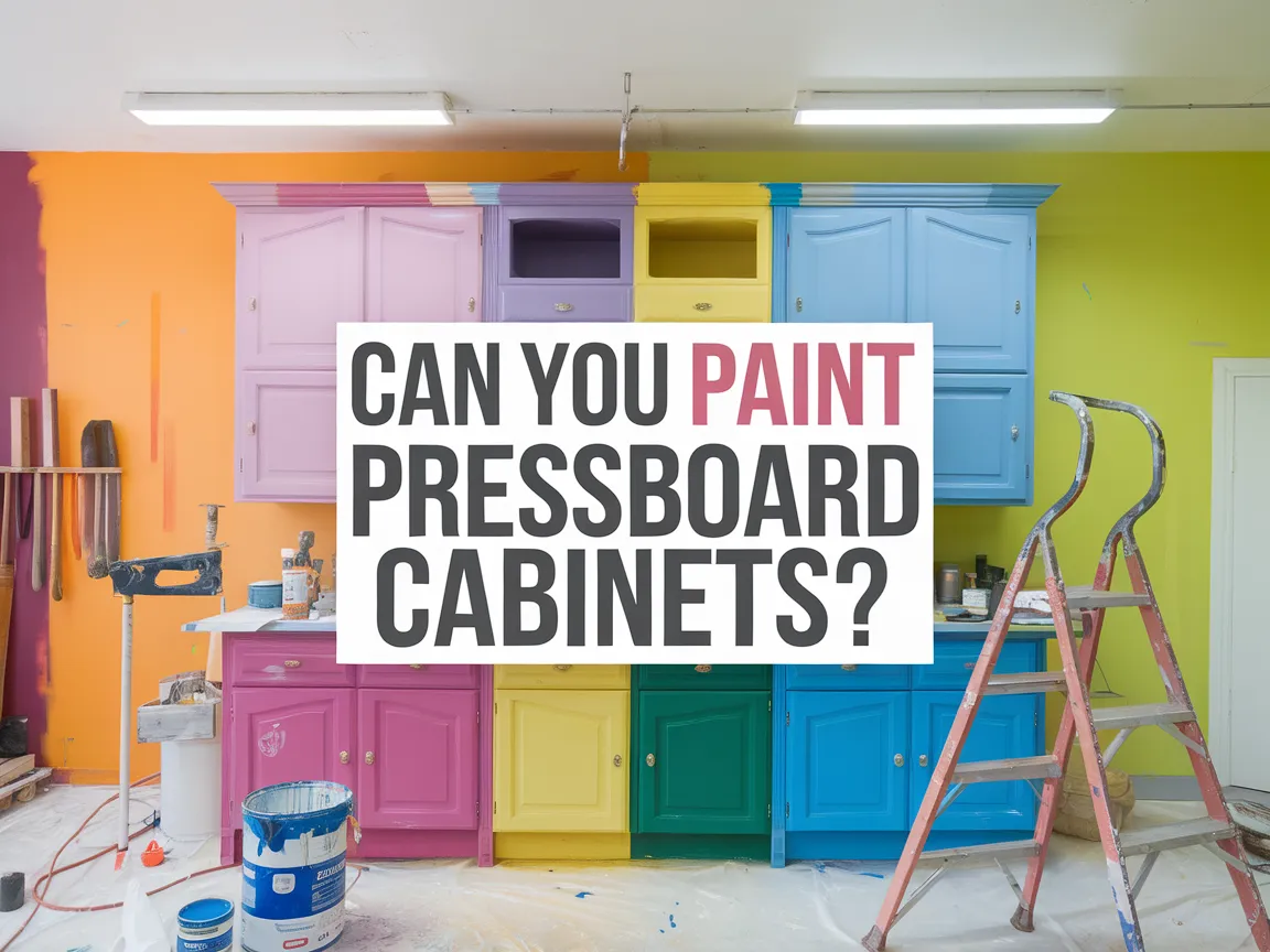 Colorful pressboard cabinets being painted, illustrating the process of painting pressboard cabinets.