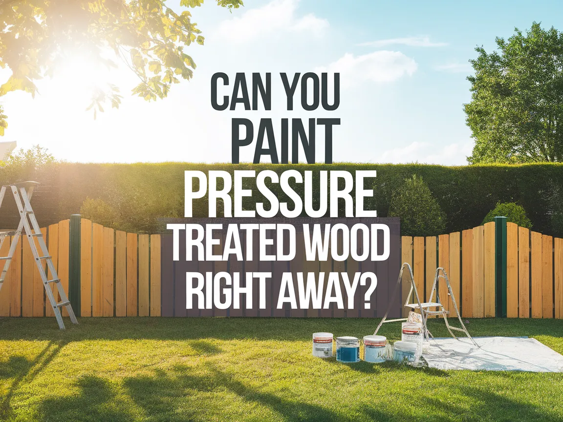 A vibrant garden scene with a freshly painted fence, illustrating the question of whether you can paint pressure treated wood right away.