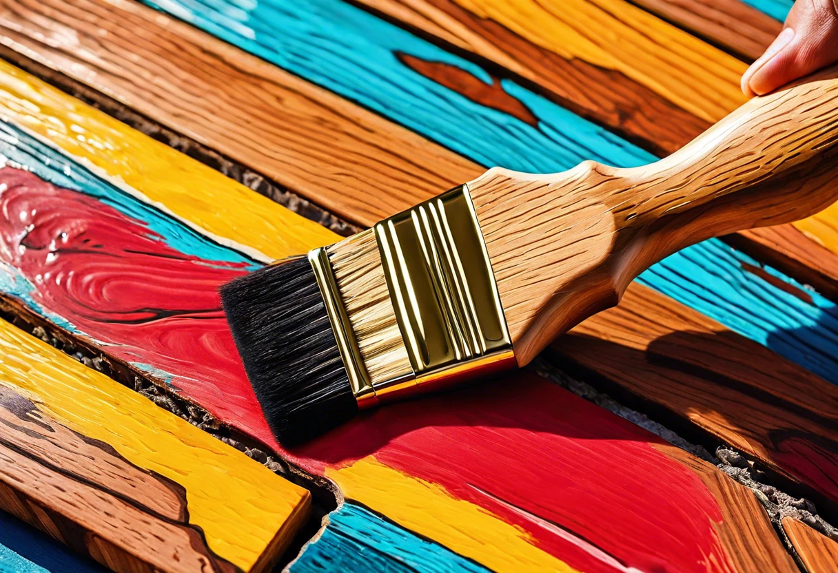 Paint brush applying color on pressure treated wood boards, demonstrating how to paint them.