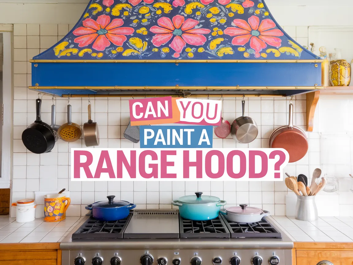 Colorful range hood painted with flowers above a modern kitchen stove