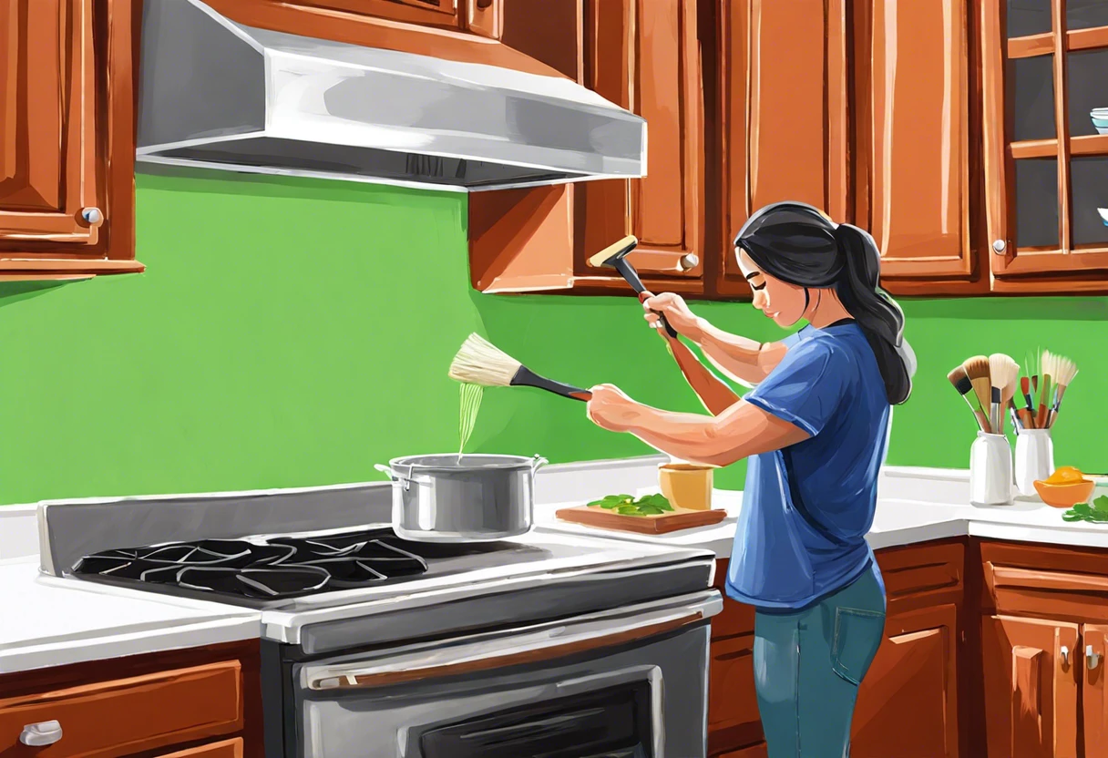Woman painting a range hood with a brush in a kitchen setting