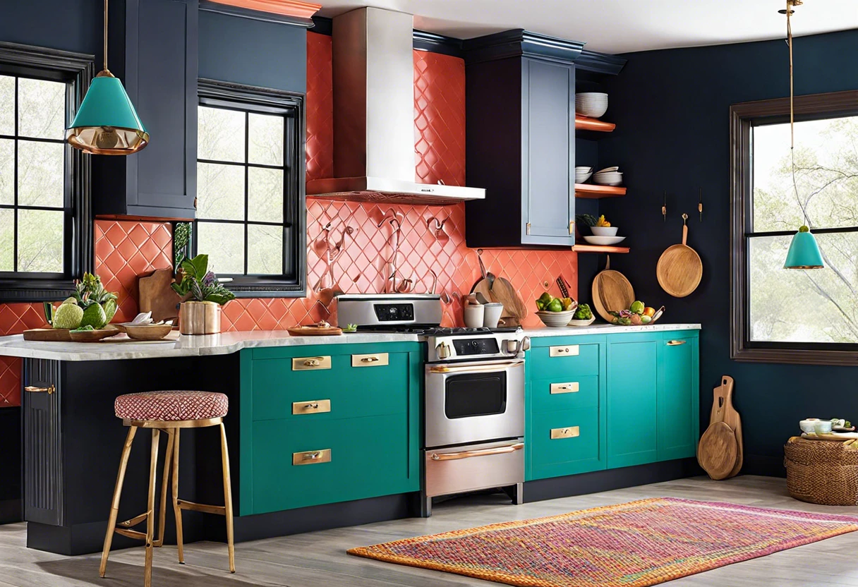 Modern kitchen featuring a painted range hood, showcasing vibrant colors and design potential.