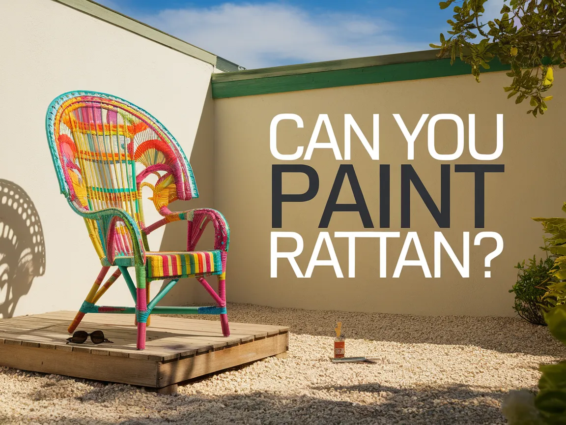 Colorful rattan chair on a deck, showcasing the question Can You Paint Rattan?