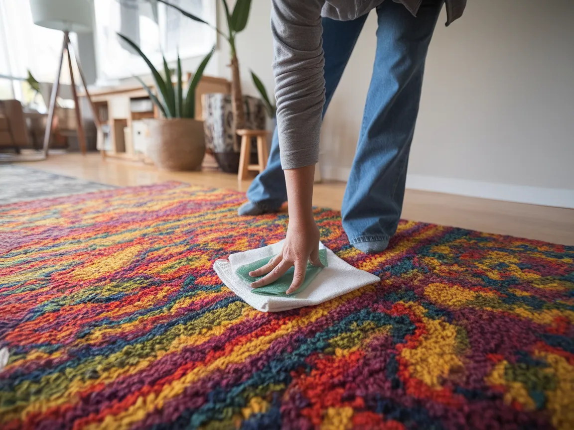 A person using a cloth to remove paint from a colorful patterned carpet, demonstrating effective paint removal techniques.