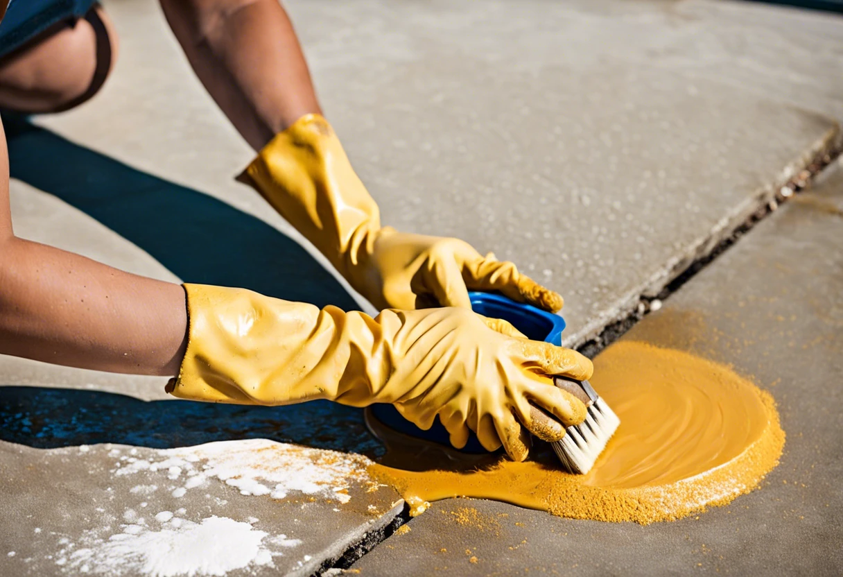 Person in yellow gloves scraping paint off a concrete surface