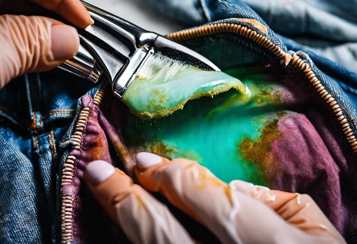 A close-up of a person using a tool to scrape paint from denim jeans, illustrating how to get paint out of jeans.