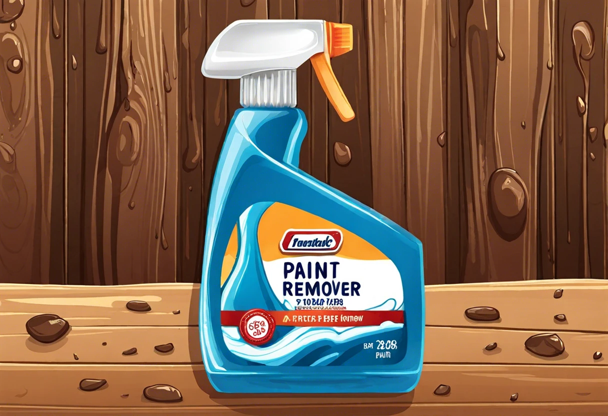 A bottle of paint remover sitting on a wooden surface, showcasing the risks of leaving paint remover on too long.