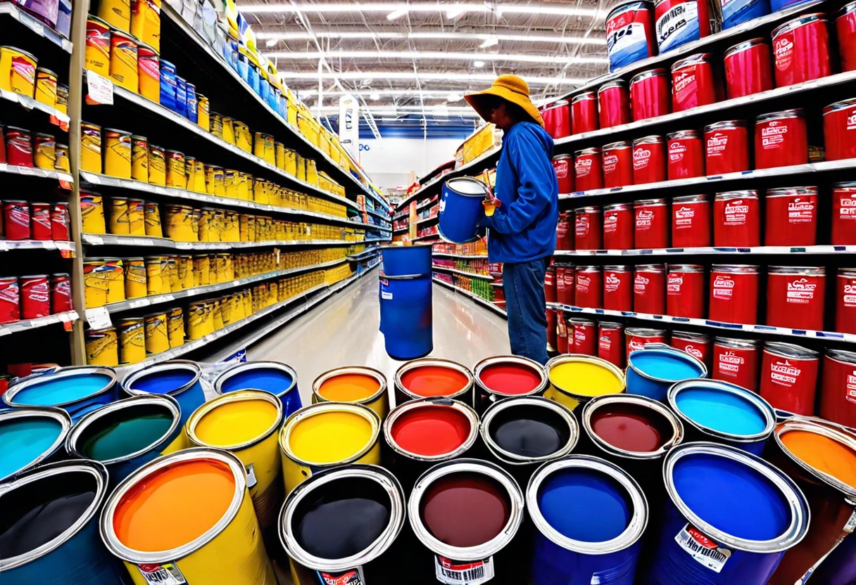 Person holding a paint can in a colorful paint aisle at Lowes, related to returning paint.