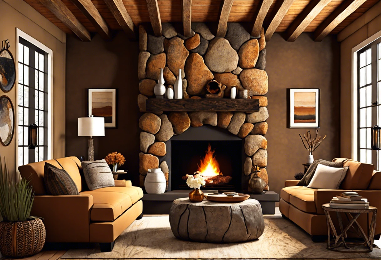 A beautifully designed living room featuring a painted rock fireplace, showcasing the potential of transforming a stone fireplace with color.