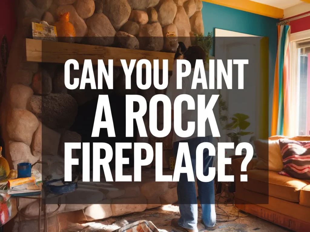 A person painting a rock fireplace, demonstrating how to update a stone fireplace.