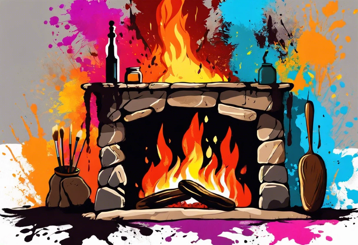 Colorful illustration of a rock fireplace with paint splashes, highlighting the process of painting a rock fireplace.