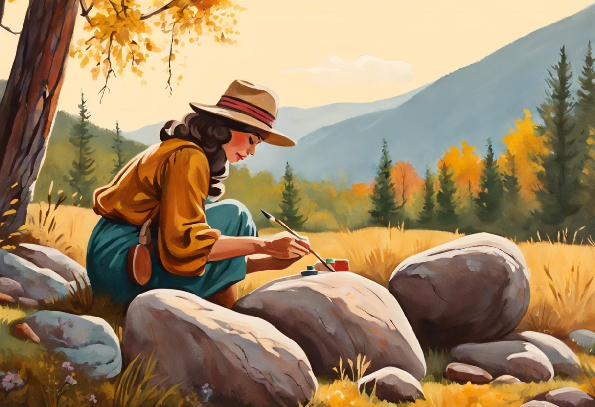 A woman painting rocks outdoors in a scenic landscape, showcasing the painting process and tools used for rock painting.