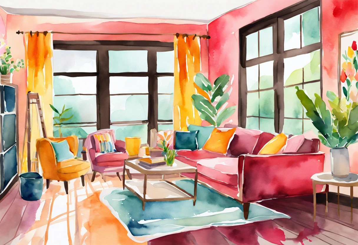 A beautifully painted living room in vibrant colors, showcasing the results of a one-day room painting project.