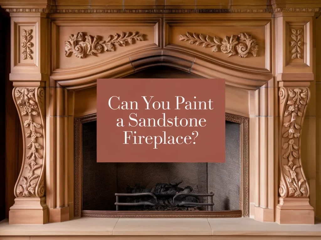 Sandstone fireplace with decorative features, discussing the possibility of painting it.