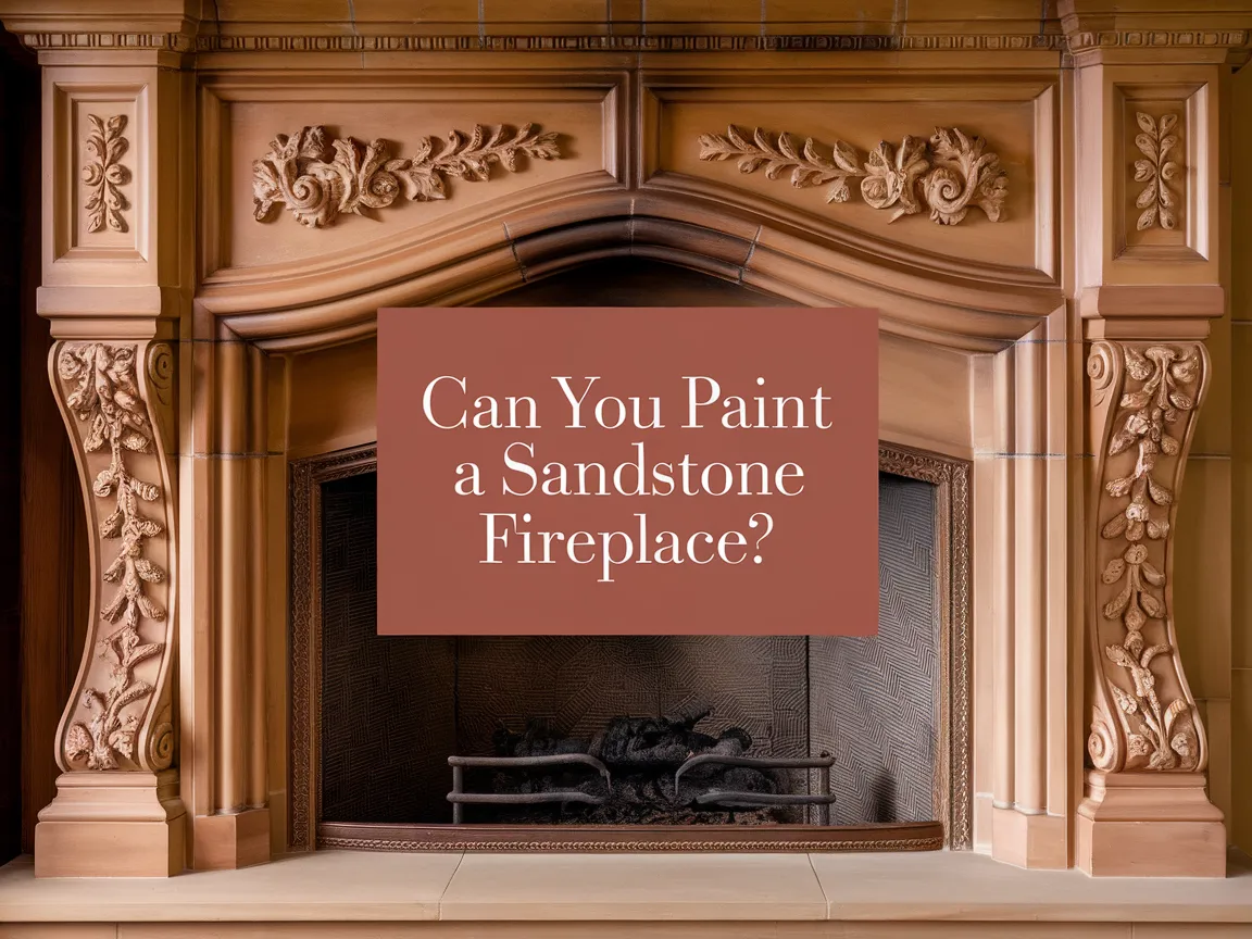 Sandstone fireplace with decorative features, discussing the possibility of painting it.
