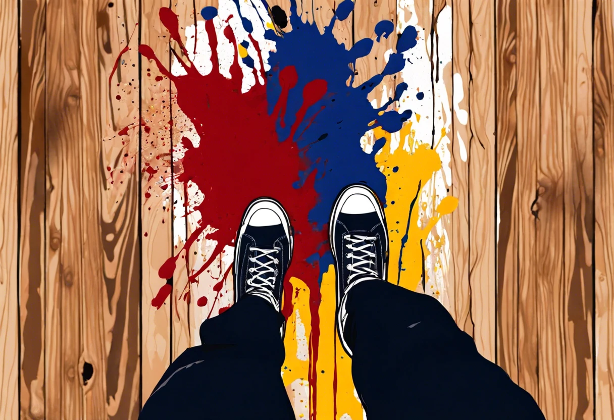 Feet standing over paint splatters on a wooden floor, illustrating the challenge of removing paint from wood surfaces.
