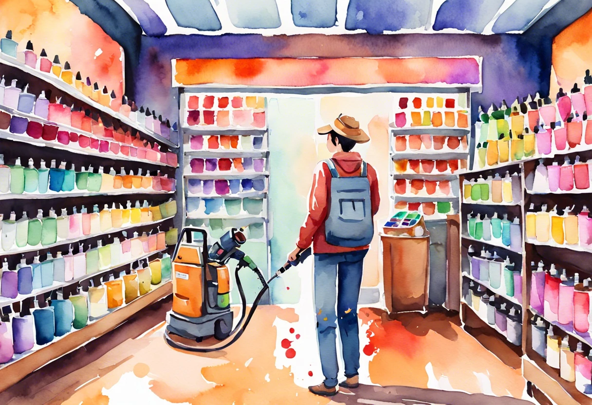 Person in a rental store holding a paint sprayer among shelves of paint