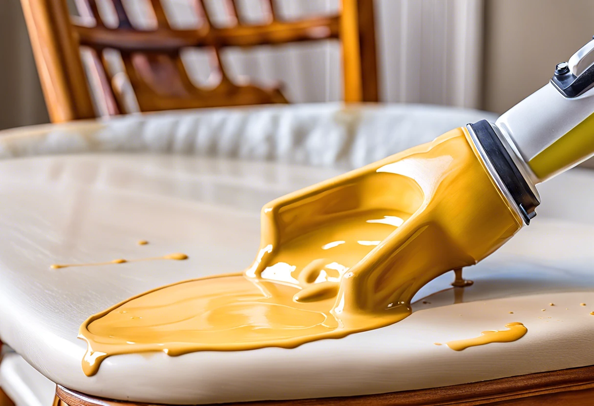 A paint sprayer applying yellow stain on a wooden surface, demonstrating suitability for staining.