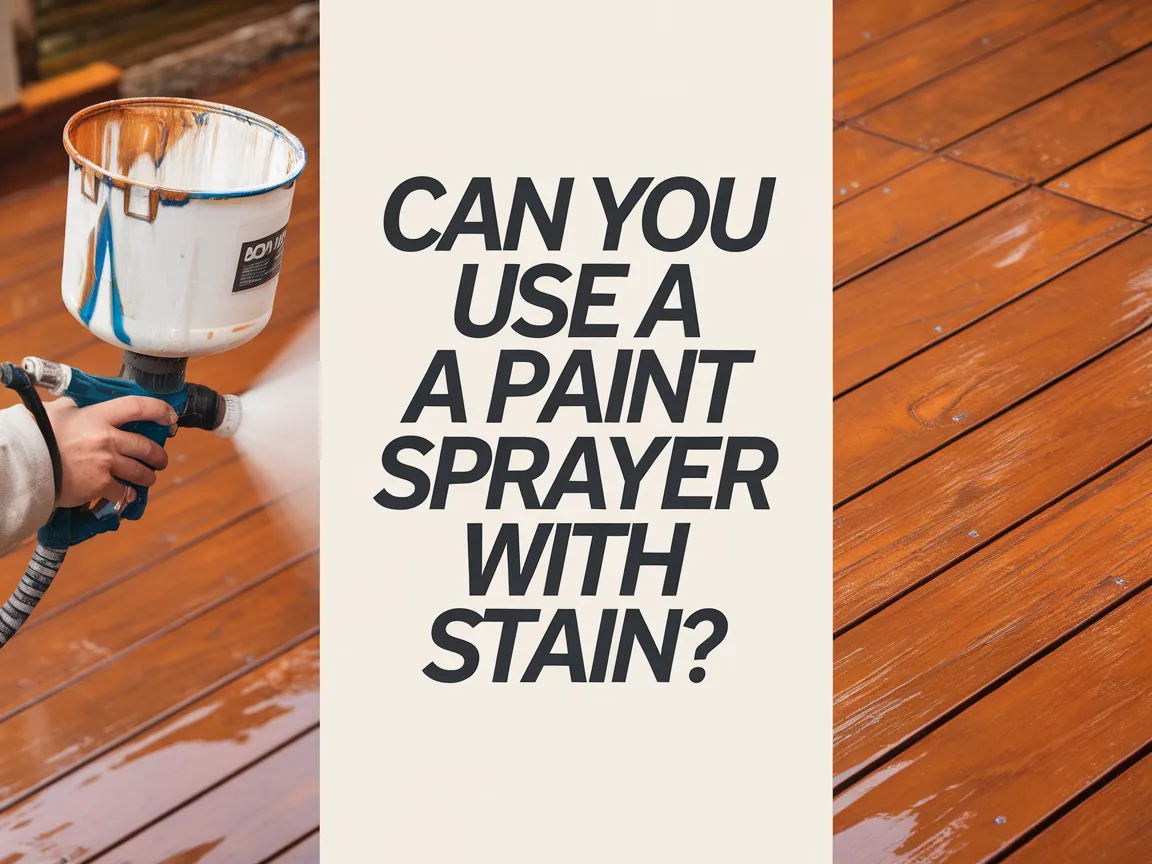 Person using a paint sprayer on a stained wooden deck