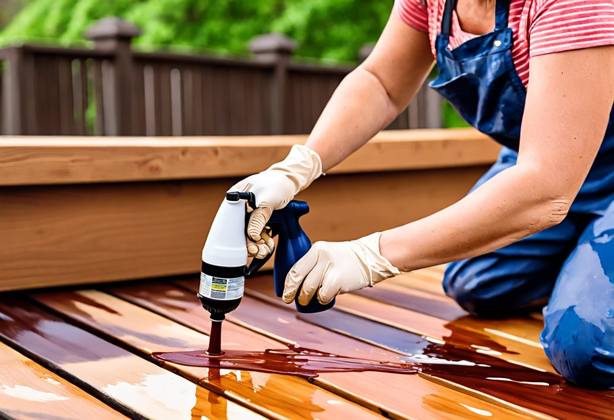 Person applying stain to wood using a paint sprayer in outdoor setting