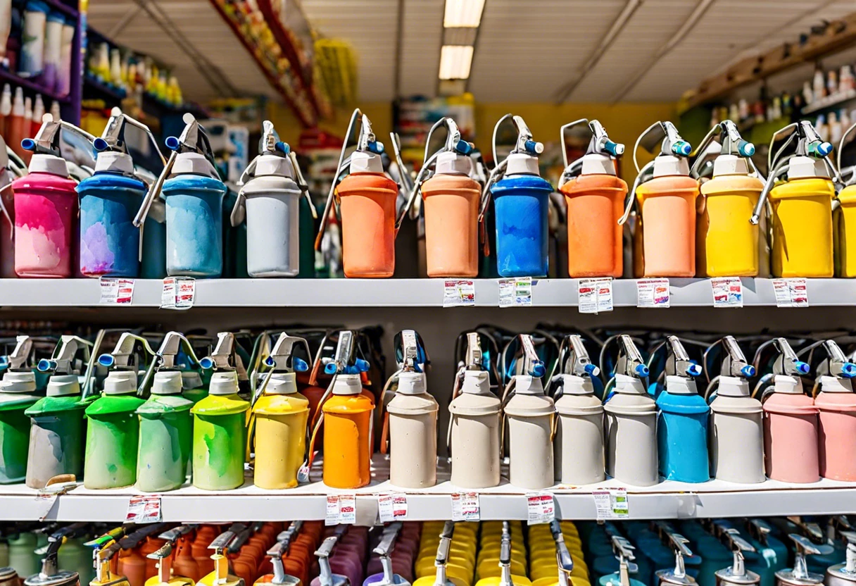 Colorful paint sprayers available for rent at a hardware store