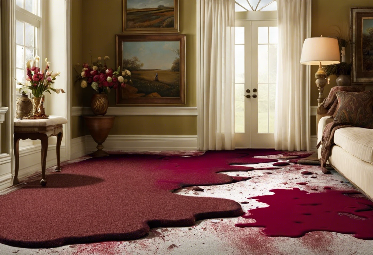 A large paint stain on a carpet, representing the challenge of removing paint from carpet fibers.