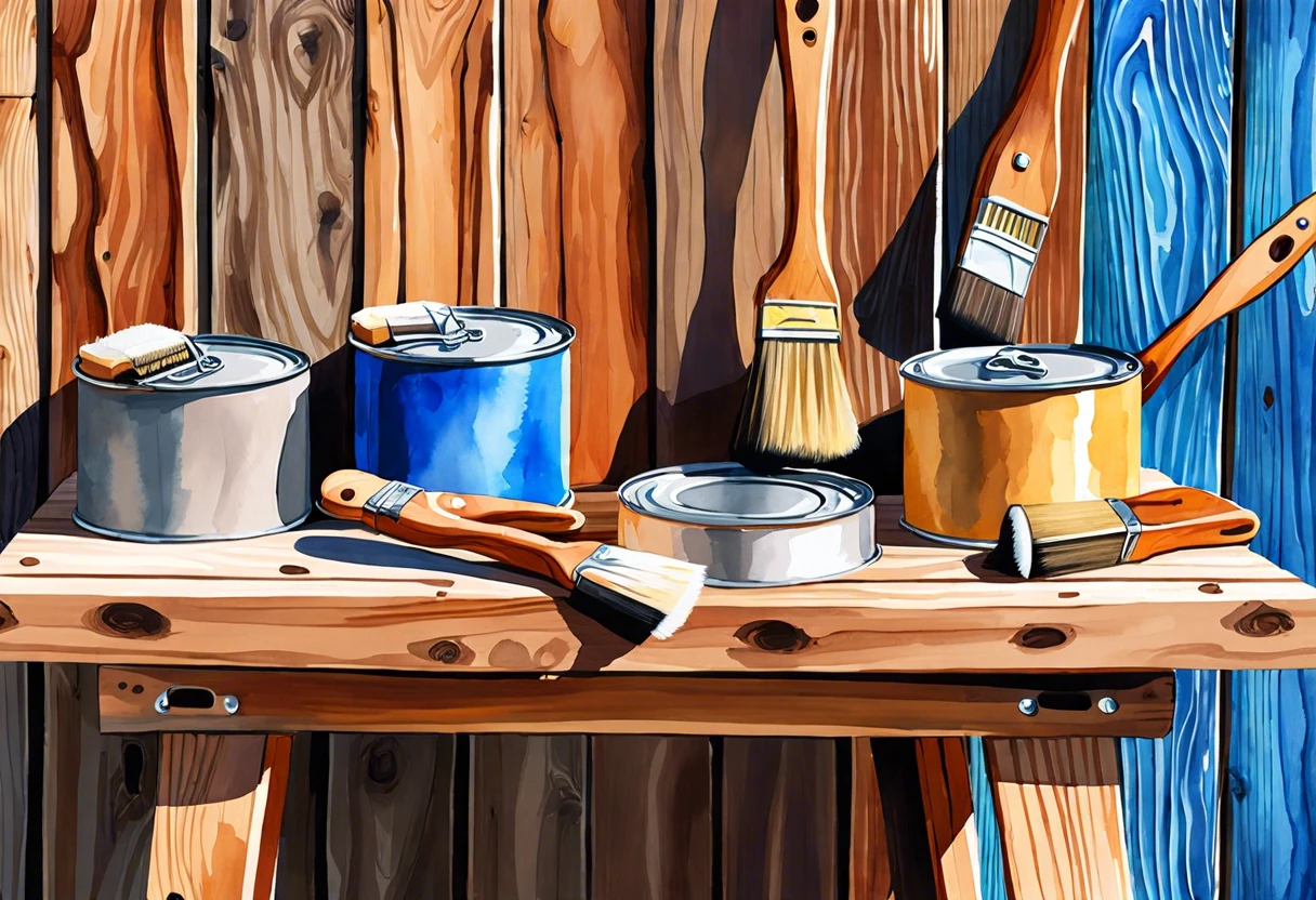 Various paint cans and brushes for staining pressure treated lumber