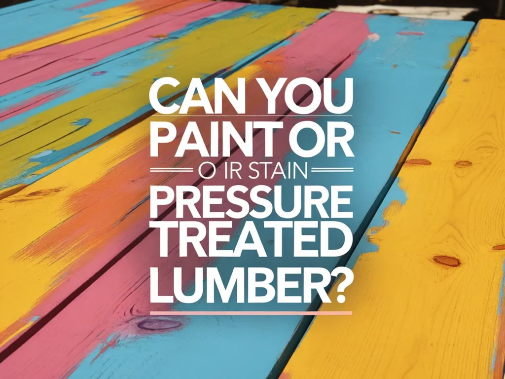 Colorful wood surface with text asking if you can paint or stain pressure treated lumber